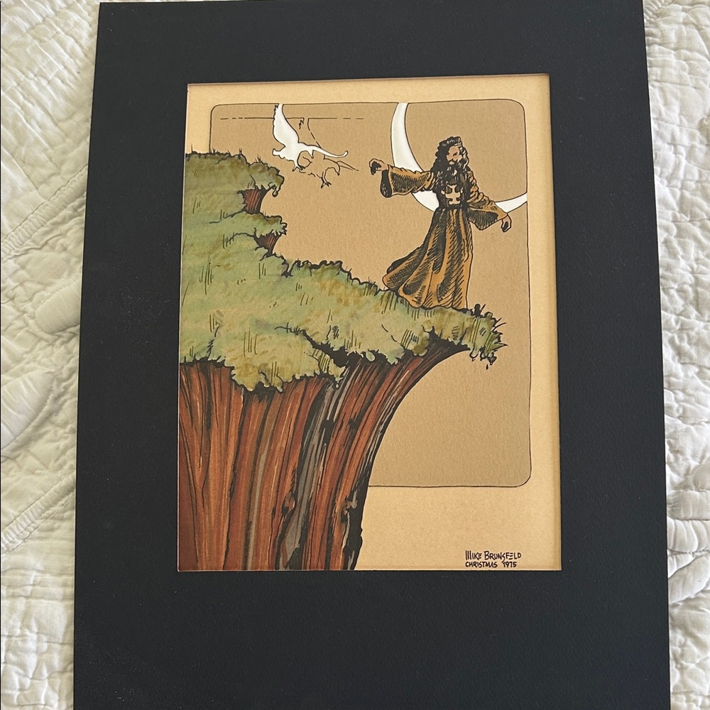 Original ink & gouache Art w collage in Black mat. Artist Mike Brunsfeld. 1975